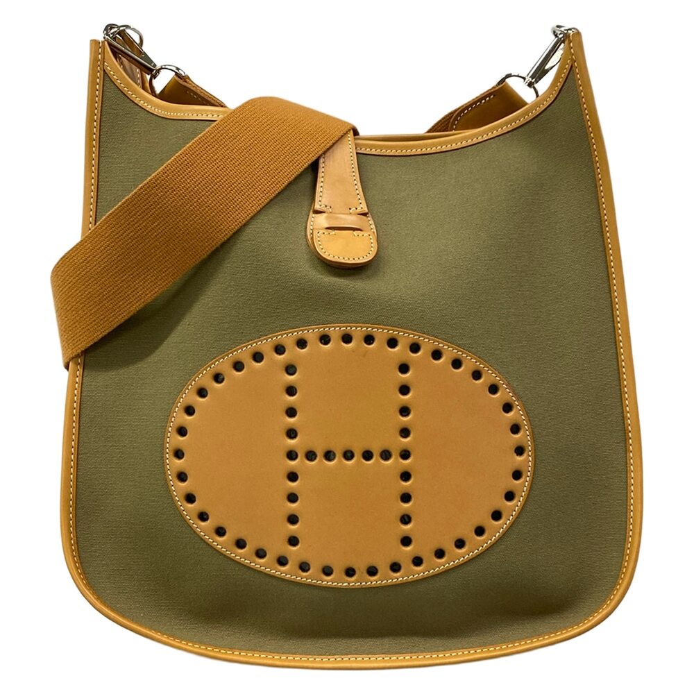 Hermès Evelyne II GM Shoulder Bag Khaki Natural Toile Officier Leather
